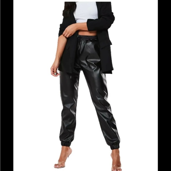 Black leather pleather fleece lined drawstring joggers jogging pants small - Picture 2 of 7